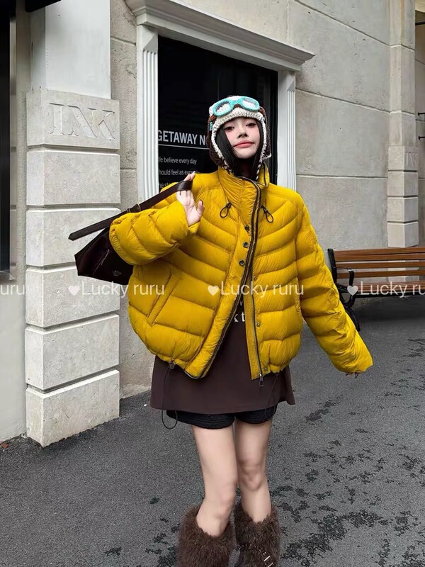 8/17 Color-Blocked Stand-Up Collar A-Line Short 90% down Jacket