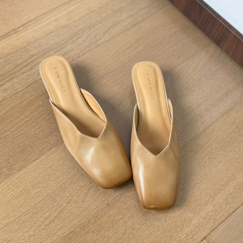 Find First Old Money Style ~ First Layer Cowhide Closed-Toe Slippers for Women, Chunky Heel Square Toe Mules, Lazy Slip-On Sandals