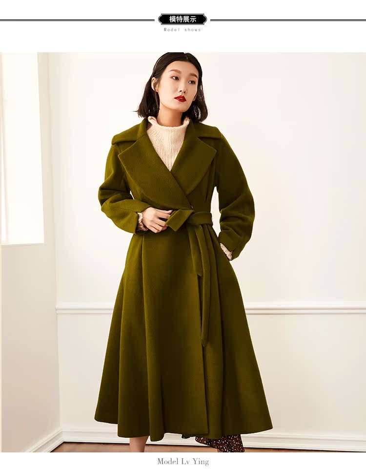 Retro áo len lớn váy len màu xanh ô liu hồ sơ eo eo áo nữ dài Y4161805 áo dạ form ngắn