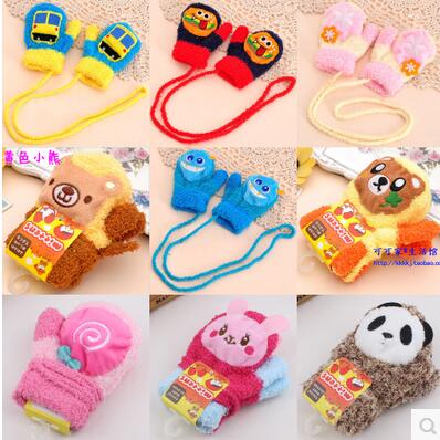 Cartoon children's gloves 6 months-3 years old baby lanyard bag finger gloves Infant coral velvet will call sub gloves