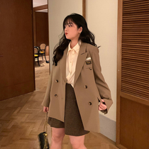 Toe tendons fat sister temperament logo suit 2020 winter in the long design niche coffee color coat female