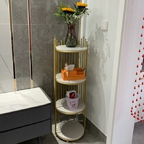 Living room shelving floor sofa TV next to containing multilayer shelf lockers leaning against wall corner Nordic round irons