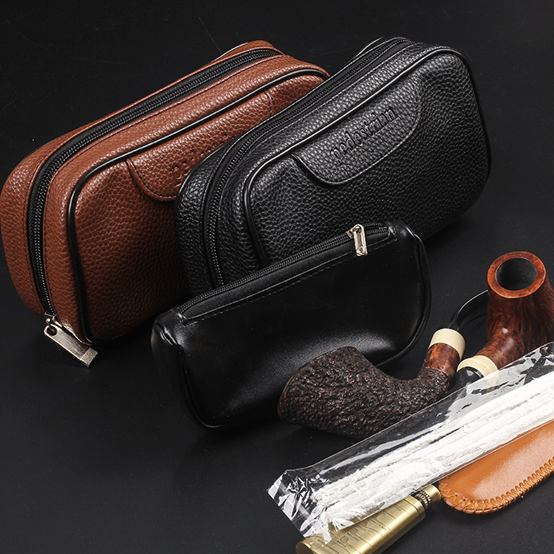 Dou Ke into lychee pattern leather 2 bucket bag 3 bucket bag leather pipe bag tobacco bag portable pipe tobacco accessories