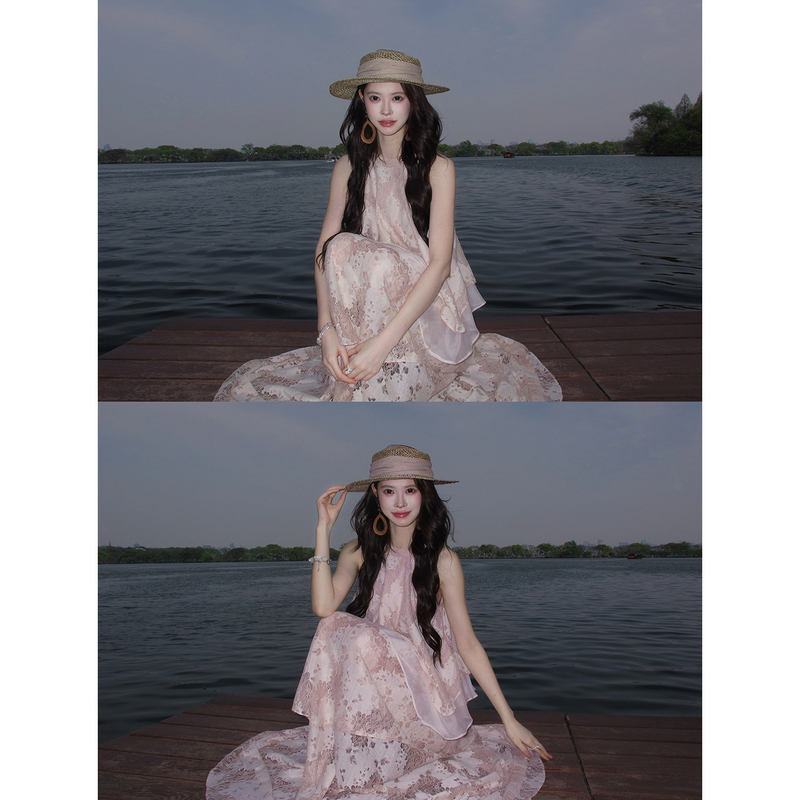 Chuchuelara Bright and Cheerful Pink Spaghetti Strap Dress for Women, Spring and Summer Vacation Style, Hollow-Out Tiered Dress