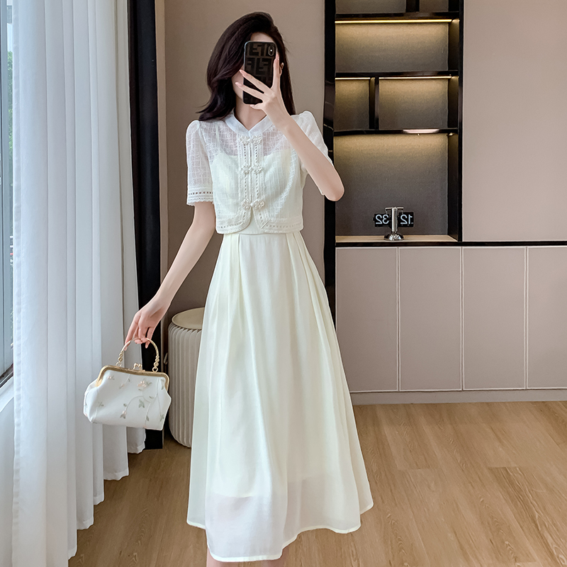 New Chinese-Style National Dress for Women 2025 Summer New Short-Sleeved Button-Down Shirt with Suspender Skirt Hanfu Two-Piece Set