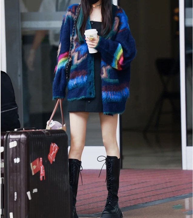 Star-Inspired Blue Multi-Pointed Star Rainbow Patchwork Color-Block V-Neck Knitted Cardigan Top Mohair Sweater Jacket