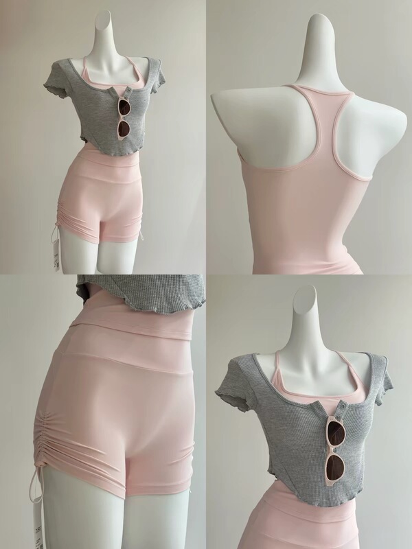 Gentle and Pure Pink-Gray Set, Sports Tank Top, Drawstring Shorts, Button-Up Cover-Up, Tie-Up Tencel Cover-Up, Yoga Gentle and Pure Pink-Gray Set, Sports Tank Top, Drawstring Shorts, Button-Up Cover-Up, Tie-Up Tencel Cover-Up, Yoga