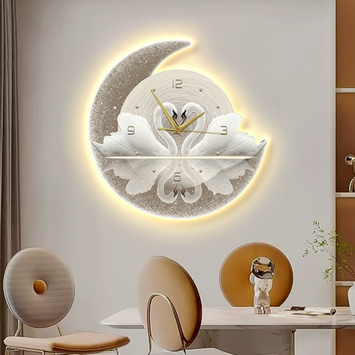 Декоративная живопись для ресторана, современный свет, роскошный фон для гостиной, настенные часы, светодиодные светящиеся настенные часы, лебединые часы, столовая, висящая картина