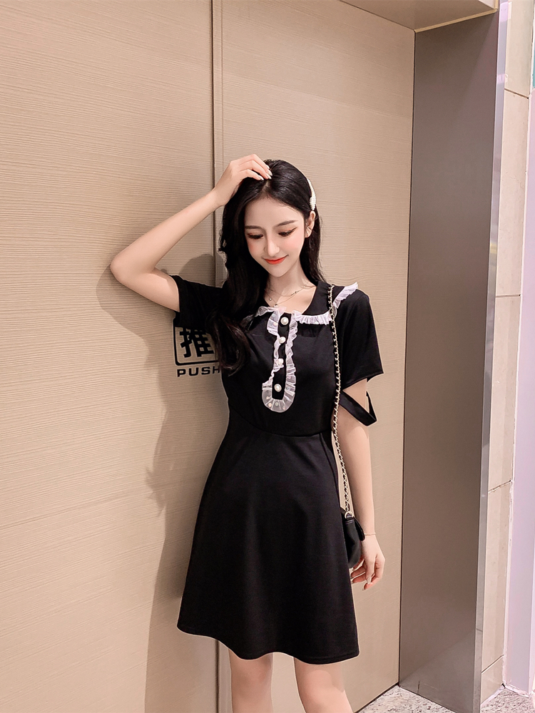 VK旗艦店 韓系高腰氣質顯瘦復古木耳邊娃娃領短袖洋裝