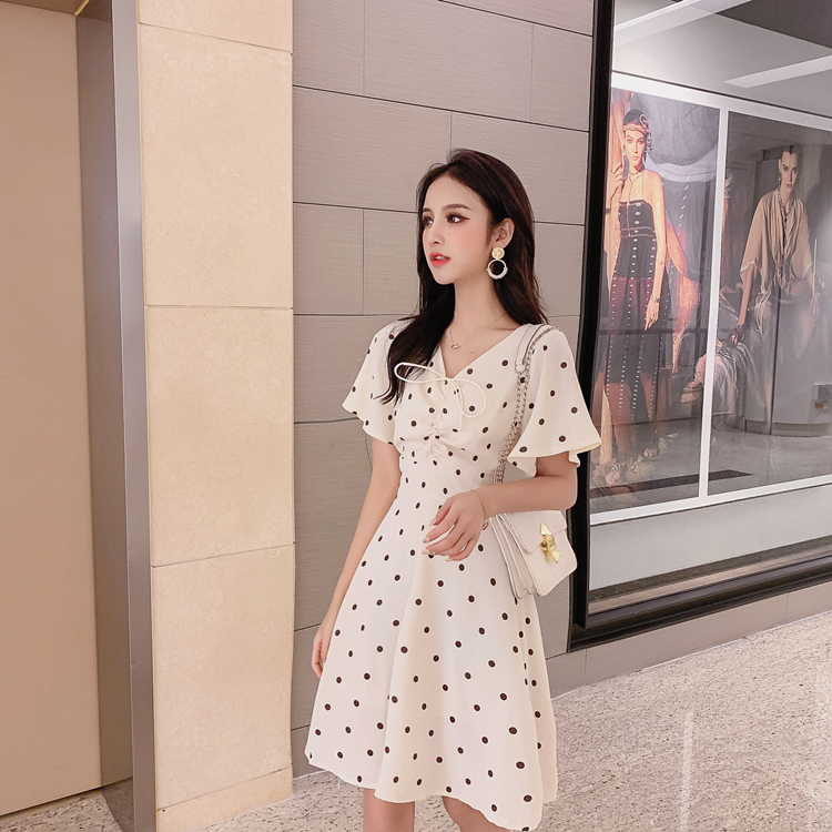 VK旗艦店 韓系復古波點抽褶系帶顯瘦氣質雪紡短袖洋裝