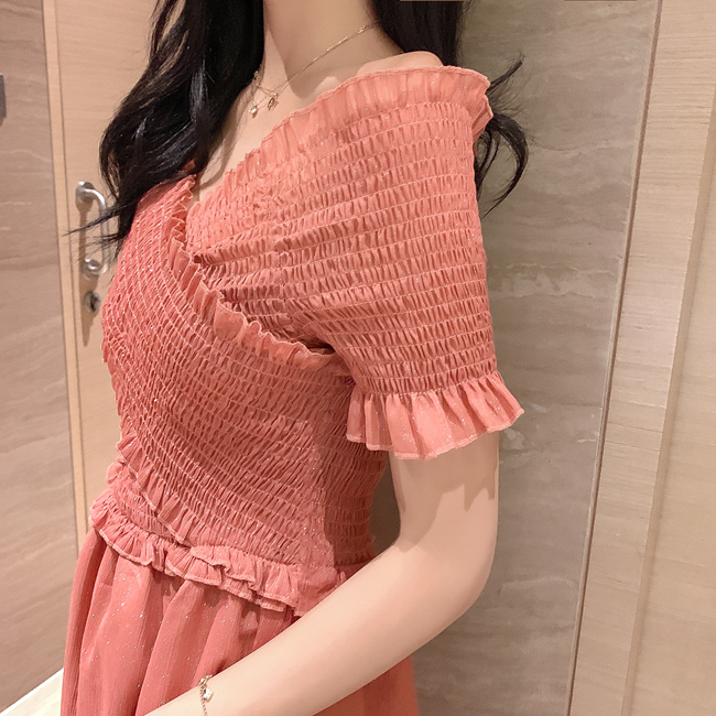 VK旗艦店 韓系復古V領收腰顯瘦紅色格子短袖洋裝