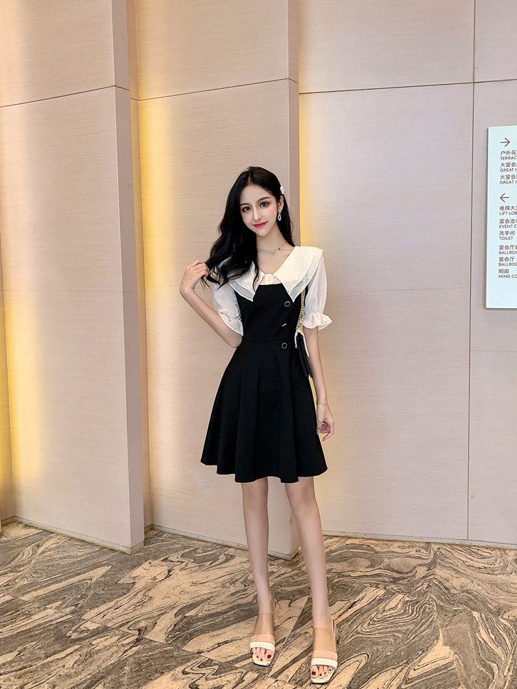 VK旗艦店 韓系收腰雙層娃娃領刺繡雪紡拼接短袖洋裝