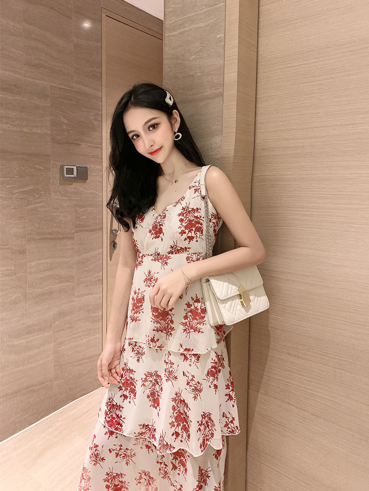 VK旗艦店 韓國風名媛氣質碎花吊帶蛋糕裙雪紡無袖洋裝
