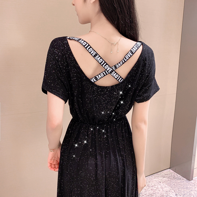 VK旗艦店 韓系復古蝙蝠袖顯瘦后背交叉露背短袖洋裝