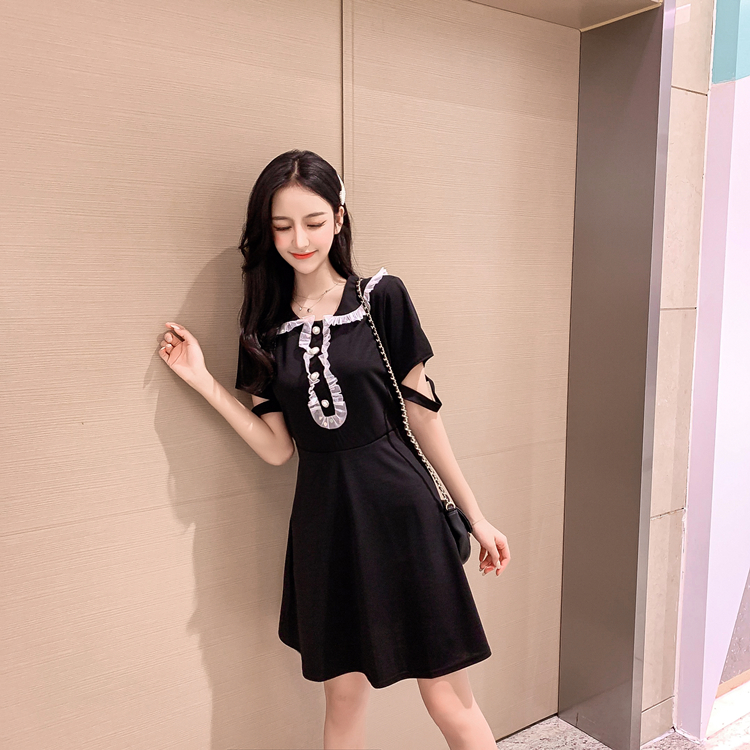 VK旗艦店 韓系高腰氣質顯瘦復古木耳邊娃娃領短袖洋裝