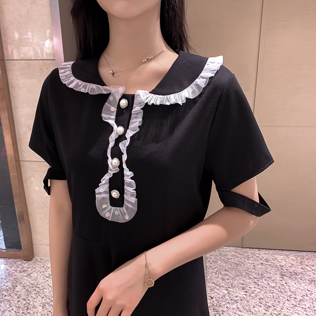 VK旗艦店 韓系高腰氣質顯瘦復古木耳邊娃娃領短袖洋裝