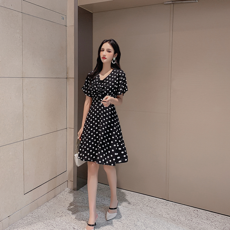 VK旗艦店 韓系復古波點抽褶系帶顯瘦氣質雪紡短袖洋裝