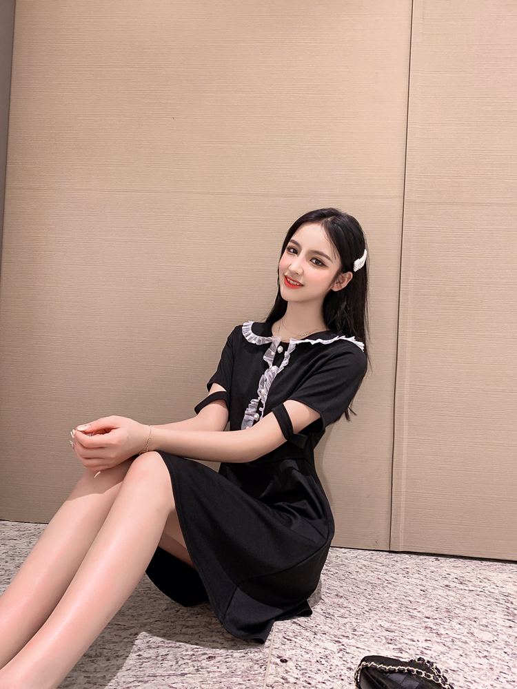 VK旗艦店 韓系高腰氣質顯瘦復古木耳邊娃娃領短袖洋裝