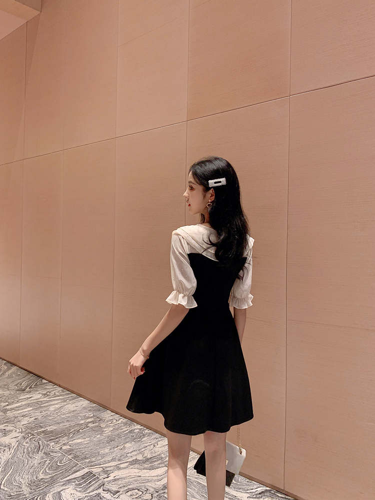 VK旗艦店 韓系收腰雙層娃娃領刺繡雪紡拼接短袖洋裝