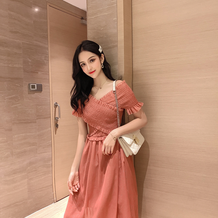 VK旗艦店 韓系復古V領收腰顯瘦紅色格子短袖洋裝