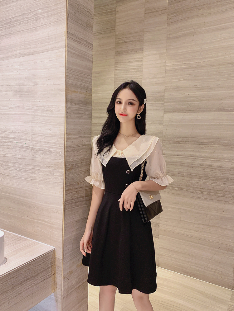 VK旗艦店 韓系收腰雙層娃娃領刺繡雪紡拼接短袖洋裝