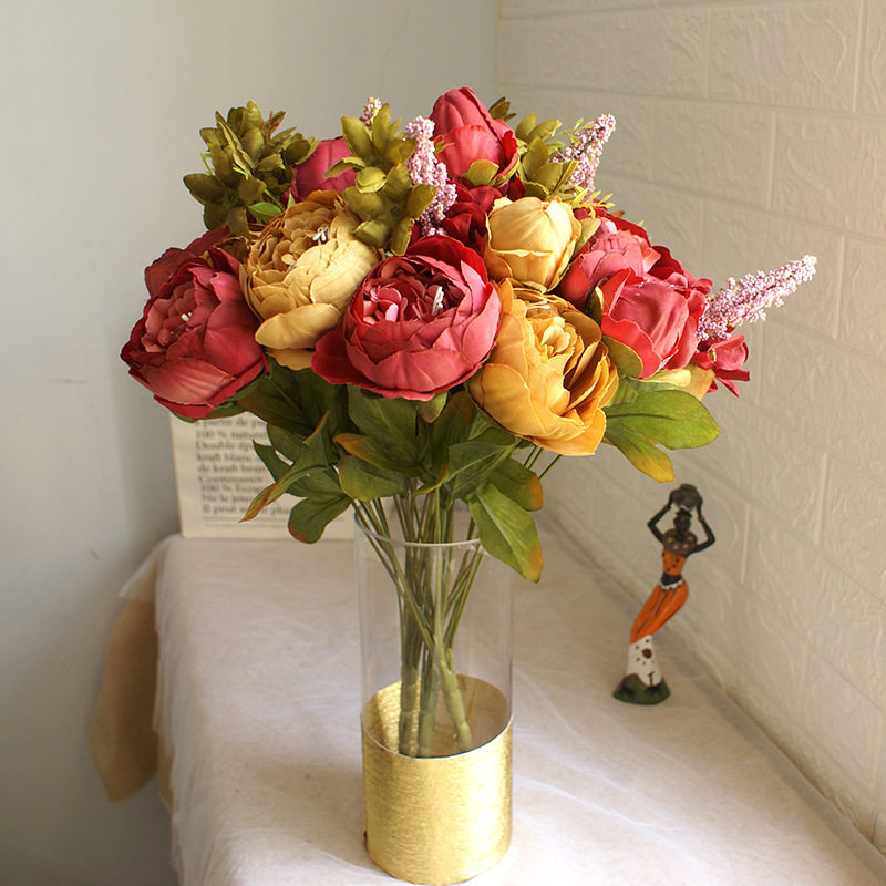 Eurostyle 13 head peony emulation flower bag core autumn peony to decorate the bouquet of the bungles with the props wedding silk flowers