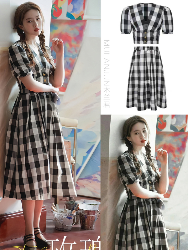 Liu Yifei's Same Style French Retro Black and White Plaid Suit Dress for Women, 2025 Summer New Model, Niche High-End Feel
