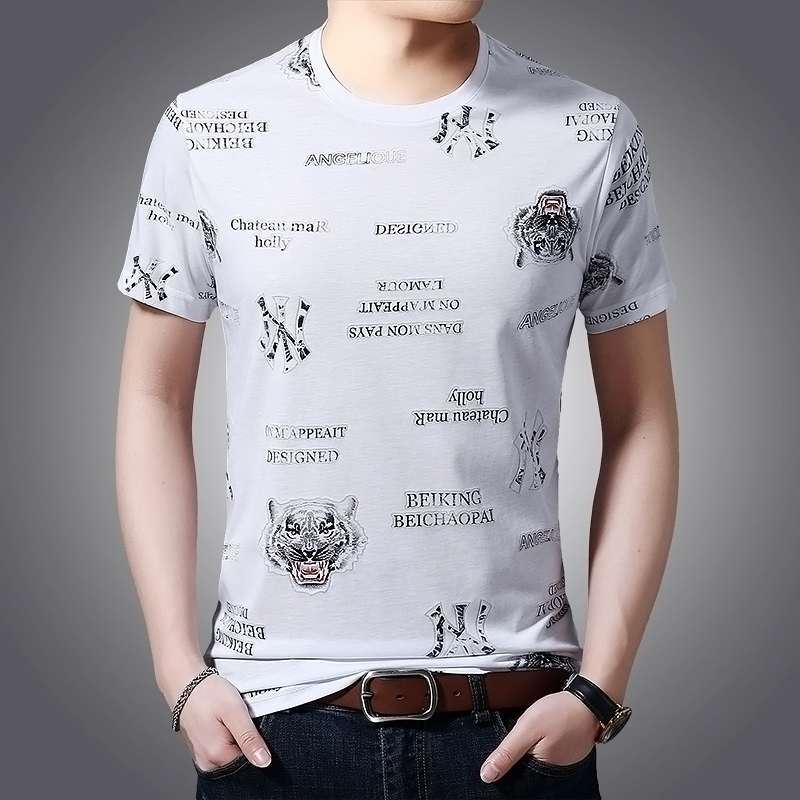 Tide Card Short Sleeve T-shirt Male Round Collar Summer New Ice Silk Blouse Easy Comfort Pro-Skin Plus Hypertrophy Size Silk Light Cotton