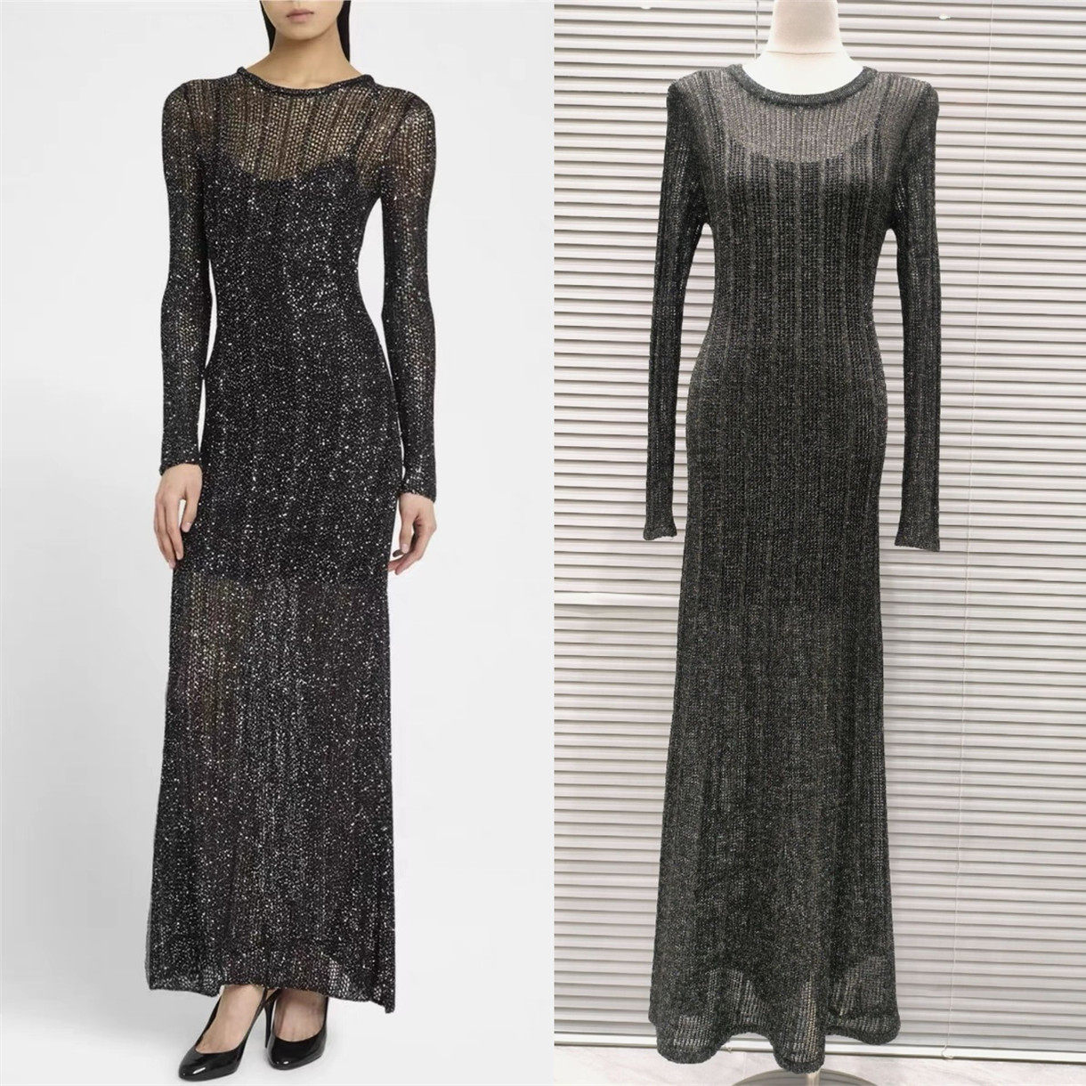 High end version   Paris Advanced sense Spring and summer Vertical bar Hollow out Bright silk Self-cultivation temperament knitting Dress Round neck longuette