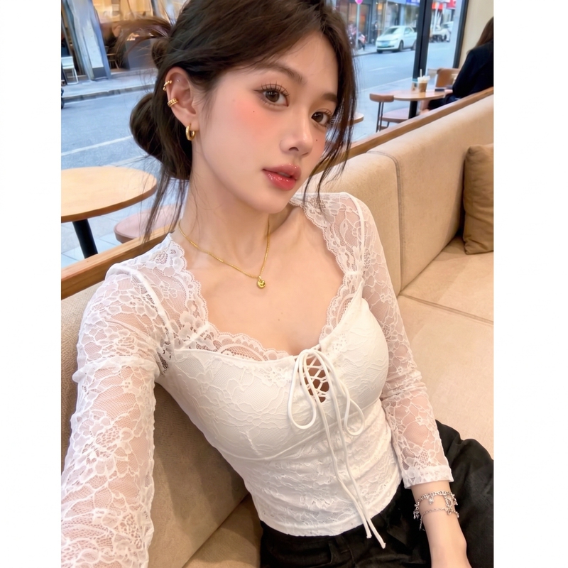 Pure Desire Style Sexy Bow-Tie Lace Shirt Long-Sleeve T-Shirt for Women, Autumn and Winter Slim Fit Layered Inner Top Z
