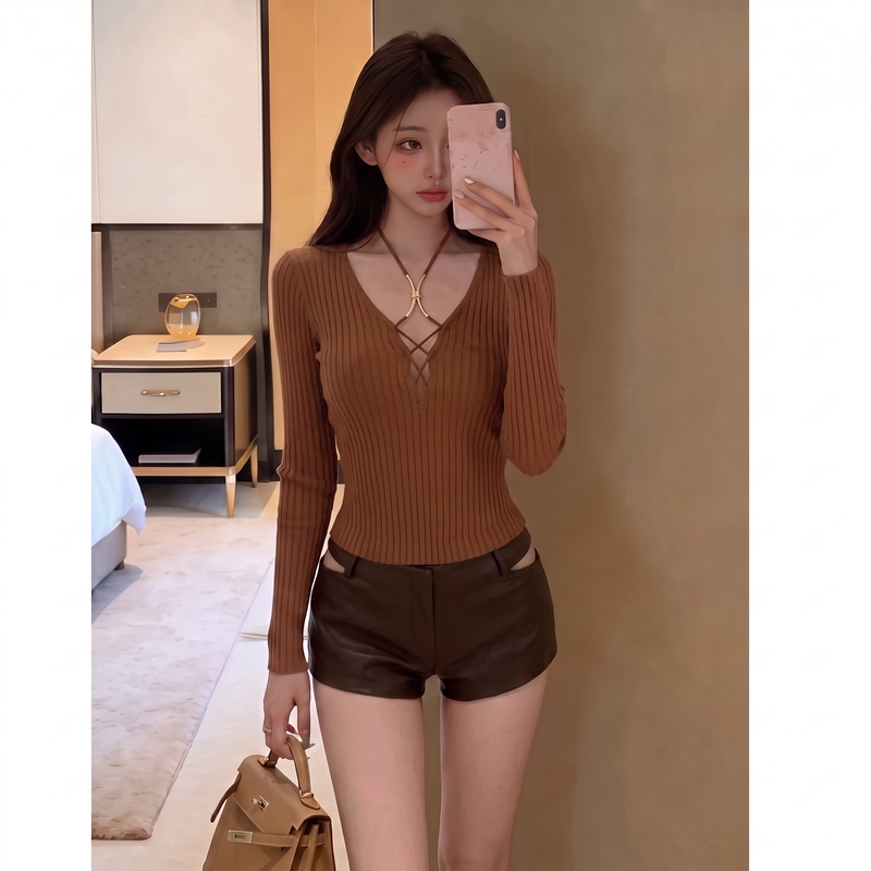 Sexy Hot Girl Halter Neck Tie V-Neck Slim-Fit Knit Top for Women, Autumn Design Short Slim-Fit Base Shirt Top Z Sexy Hot Girl Halter Neck Tie V-Neck Slim-Fit Knit Top for Women, Autumn Design Short Slim-Fit Base Shirt Top Z