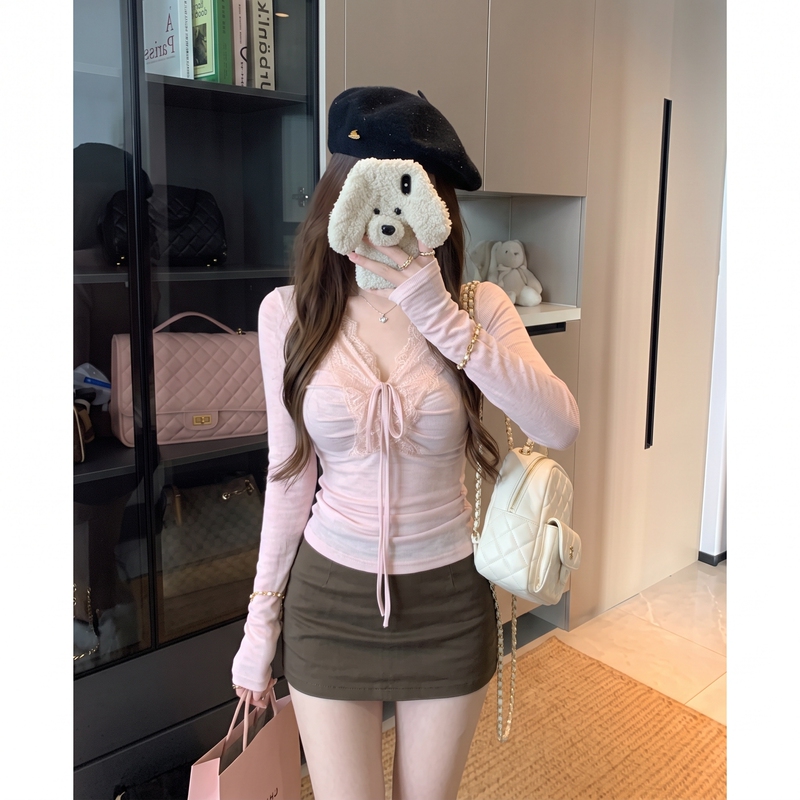 Korean-Style Gentle V-Neck Pleated Lace-Up Long-Sleeve T-Shirt for Women, Autumn and Winter Slim-Fit Base Shirt Korean-Style Gentle V-Neck Pleated Lace-Up Long-Sleeve T-Shirt for Women, Autumn and Winter Slim-Fit Base Shirt