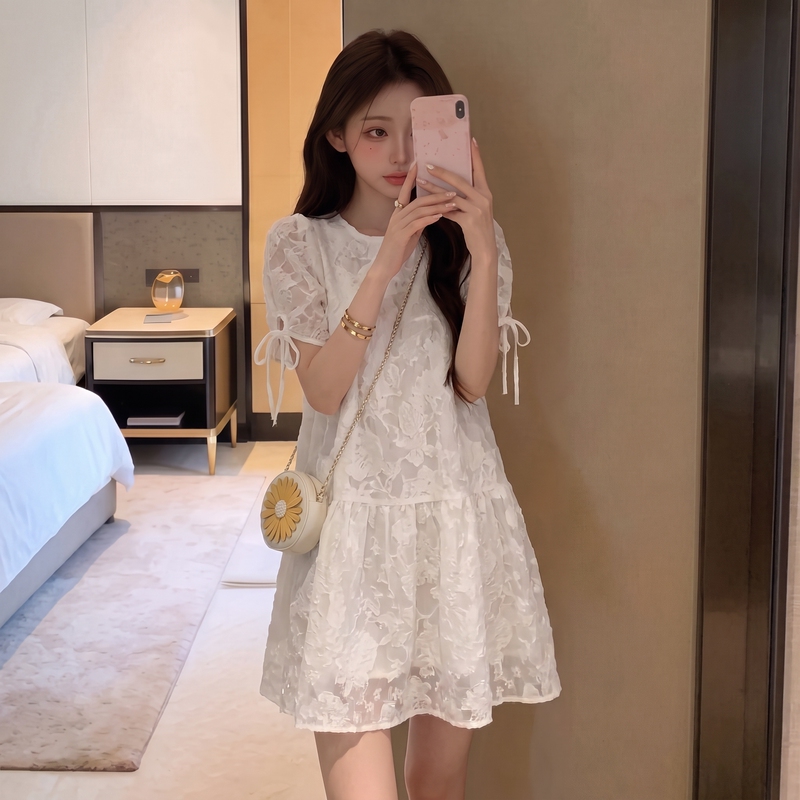 Korean Style Sweet and Fresh Doll Dress for Women, Summer Tie-Up Puff Sleeves, Petite Loose Versatile Short Dress Z