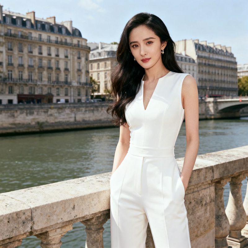 French-Style Deep V-Neck Sleeveless White Jumpsuit for Women, High-Waisted Drapey Wide-Leg Suit Pants, Slimming Jumpsuit for Commuting