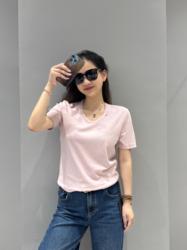 Korean City 2026 Spring/Summer New Korean Style Slim Fit U-Neck Short Sleeve Women's Versatile Solid Color Cloud Yarn Cotton T-Shirt Top