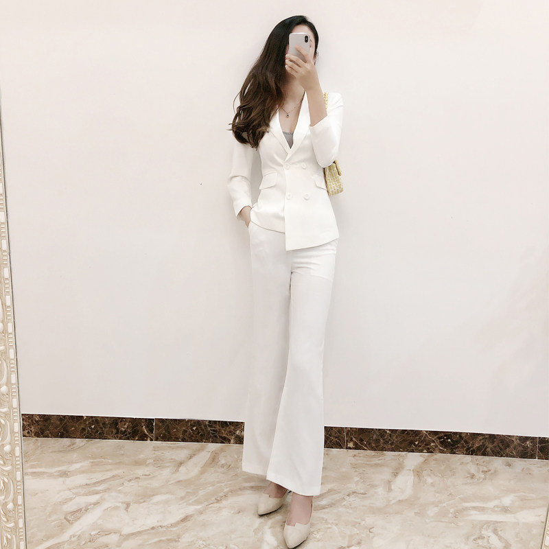 Spring and autumn fashion white suit commuter style female Korean temperament casual thin professional OL suit wide leg pants suit