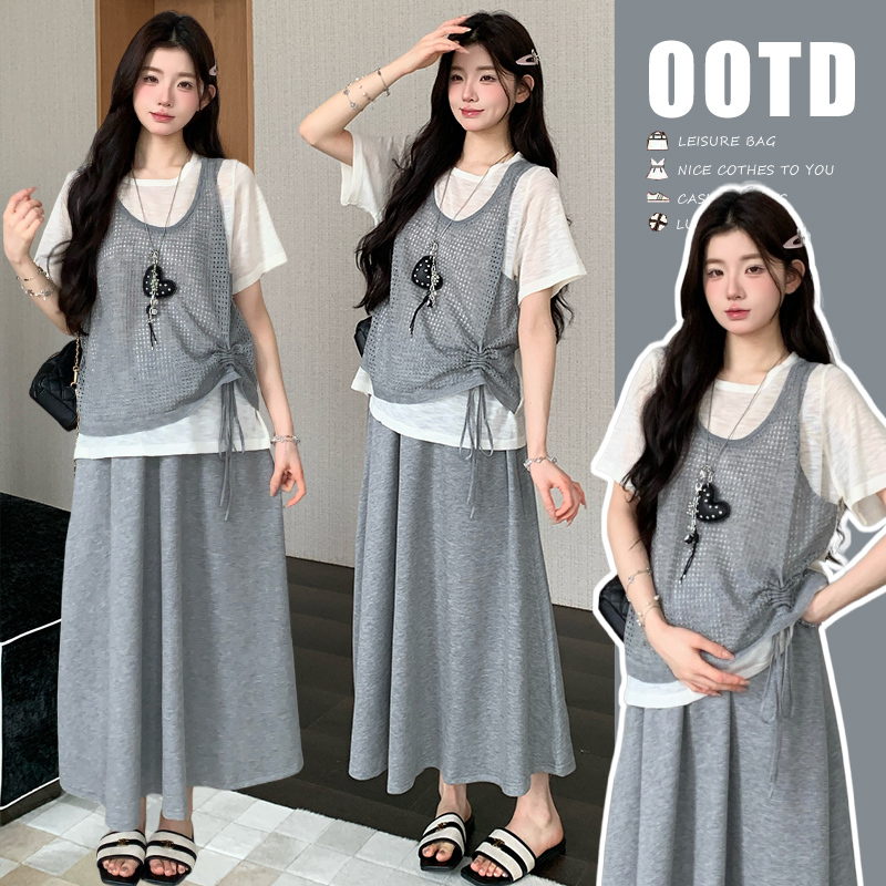 High-End Maternity Summer Outfit 2026 New Style Faux Two-Piece Top and Skirt Set Stylish Pregnancy Wear