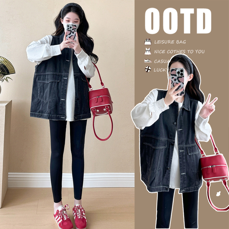 Maternity Wear Spring Suit 2026 New Long-Sleeved Top Denim Vest Outerwear for Pregnant Mothers with a High-End Feel