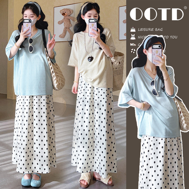 Maternity Wear Summer Suit Thin Top Polka Dot Skirt Two-Piece Set 2026 New High-End French Style Outfit Maternity Wear Summer Suit Thin Top Polka Dot Skirt Two-Piece Set 2026 New High-End French Style Outfit