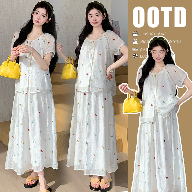Maternity Outfit Trendy Mom Style during Pregnancy, Stylish and Not Obvious That You Are Pregnant, 2026 New French Embroidery Short-Sleeved Top and Skirt Set