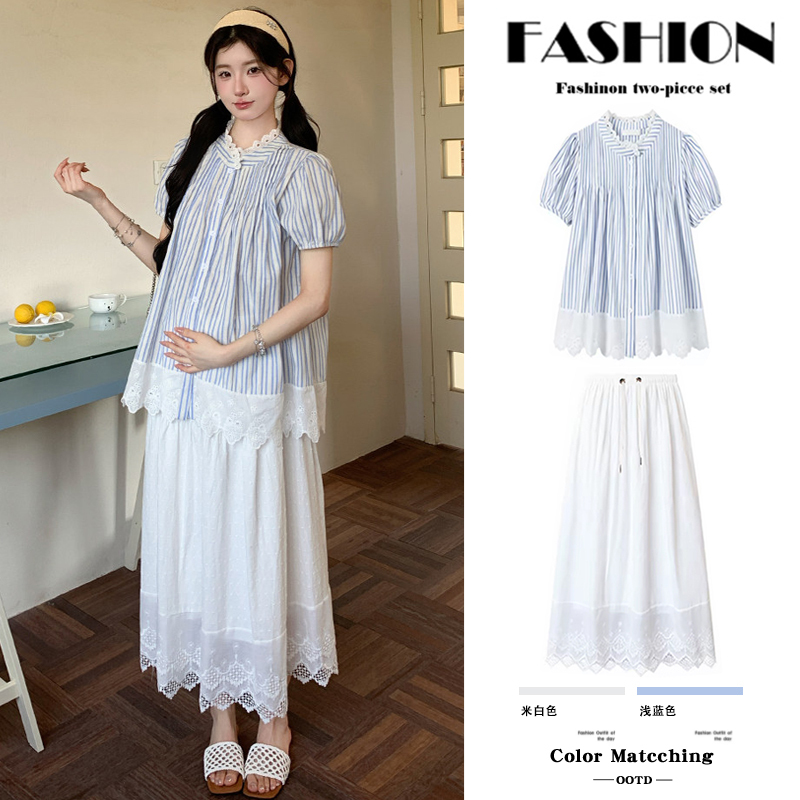 Maternity Summer Outfit 2026 New Striped Shirt Short-Sleeve Top Skirt Stylish during Pregnancy Without Looking Bulky