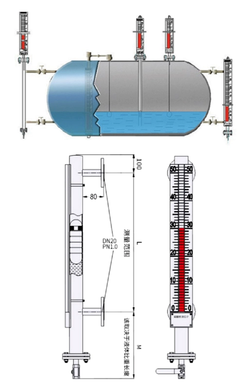 Máy đo mức chất lỏng nắp từ tính UHZ với hộp số từ xa 4-20ma bằng thép không gỉ gắn trên cùng Máy đo mức nước phao từ tính gắn trên Máy đo mức chất lỏng