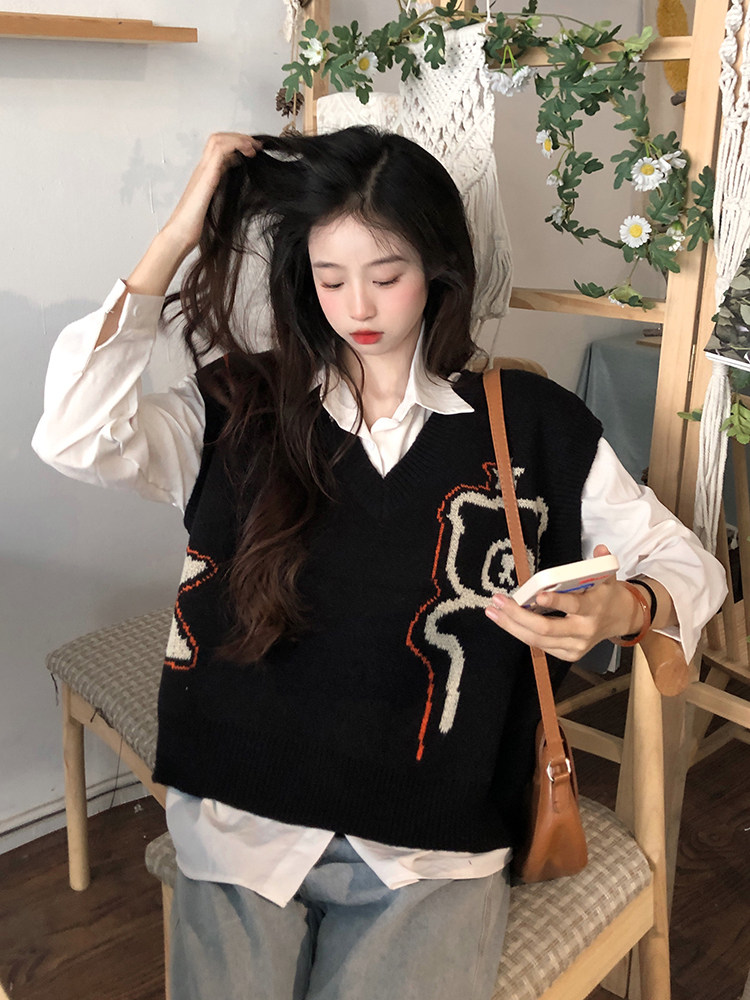 Женская жилетка v领背心针织马甲女秋季新款2025网红爆款叠穿宽松衬衫搭配两件套