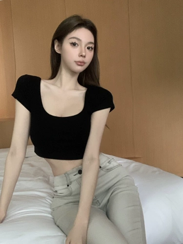 Хаки сексуальная короткая футболка с коротким рукавом, квадратный вырез, облегающий крой