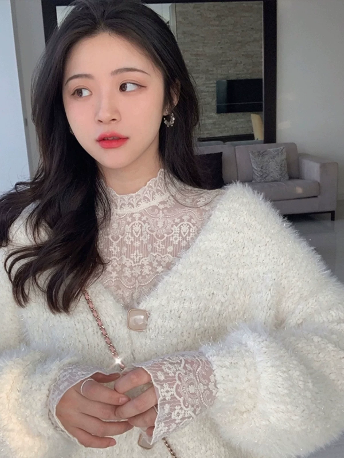 Лlace shirt, demi-season classic sweater, 2025 years, style, high collar