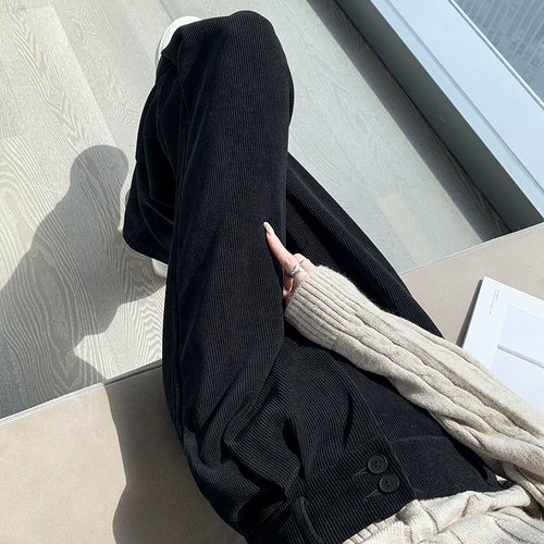 Весенние черные флисовые вельветовые штаны, высокая талия, большой размер, по фигуре