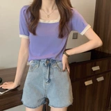 Летняя шелковая сексуальная тонкая трикотажная короткая футболка, короткий рукав, квадратный вырез