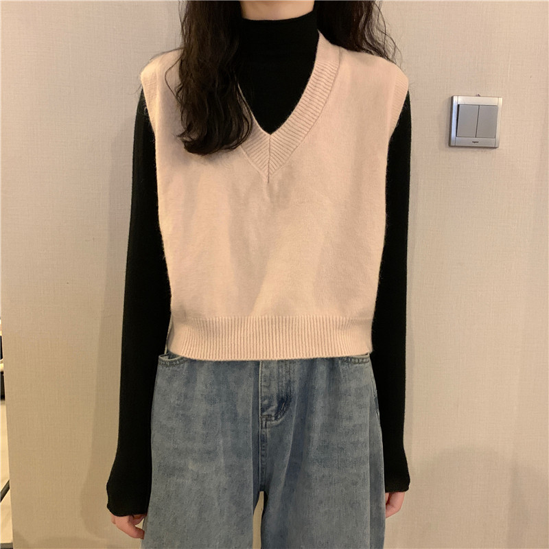 Женская жилетка 蓝色v领针织马甲女秋冬款外搭叠穿百搭坎肩无袖短款秋冬毛衣背心