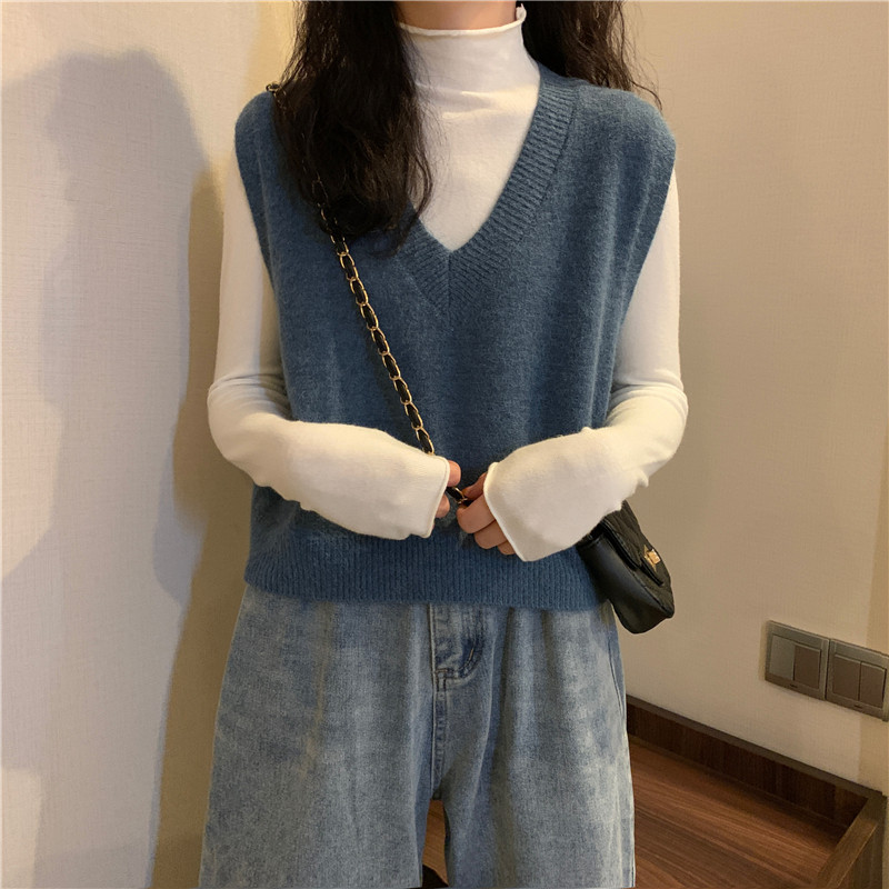 Женская жилетка 蓝色v领针织马甲女秋冬款外搭叠穿百搭坎肩无袖短款秋冬毛衣背心