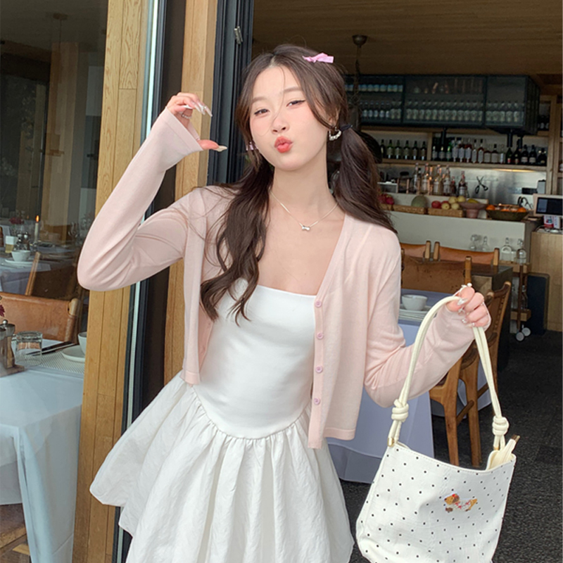 Pink Small Cardigan for Women with Suspenders 2026 New Summer Lightweight Knitted Jacket Sun Protection Short Top